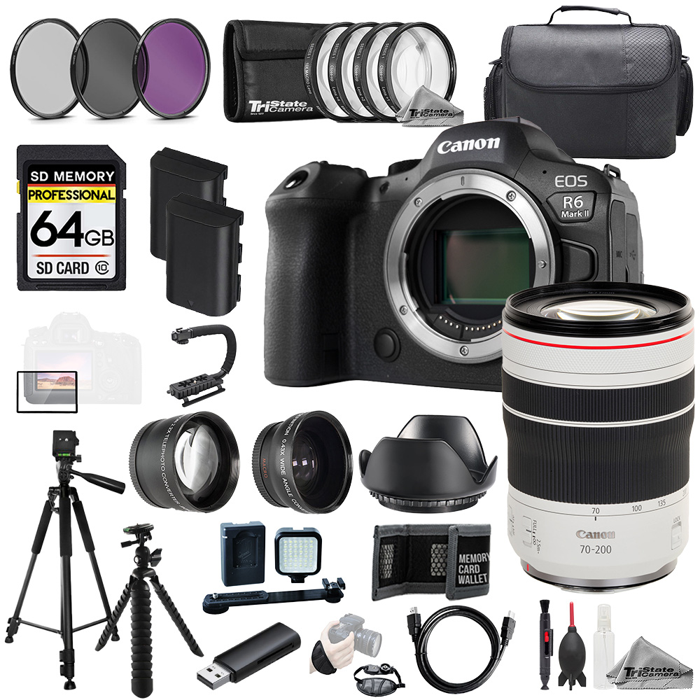Canon EOS R6 II + RF 70-200mm f/4L IS USM Lens+64GB+Ext Bat+9PC