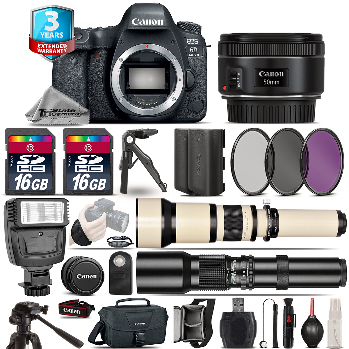 Canon EOS 6D Mark II Camera + 50mm - 3 Lens Kit + Flash + EXT BAT