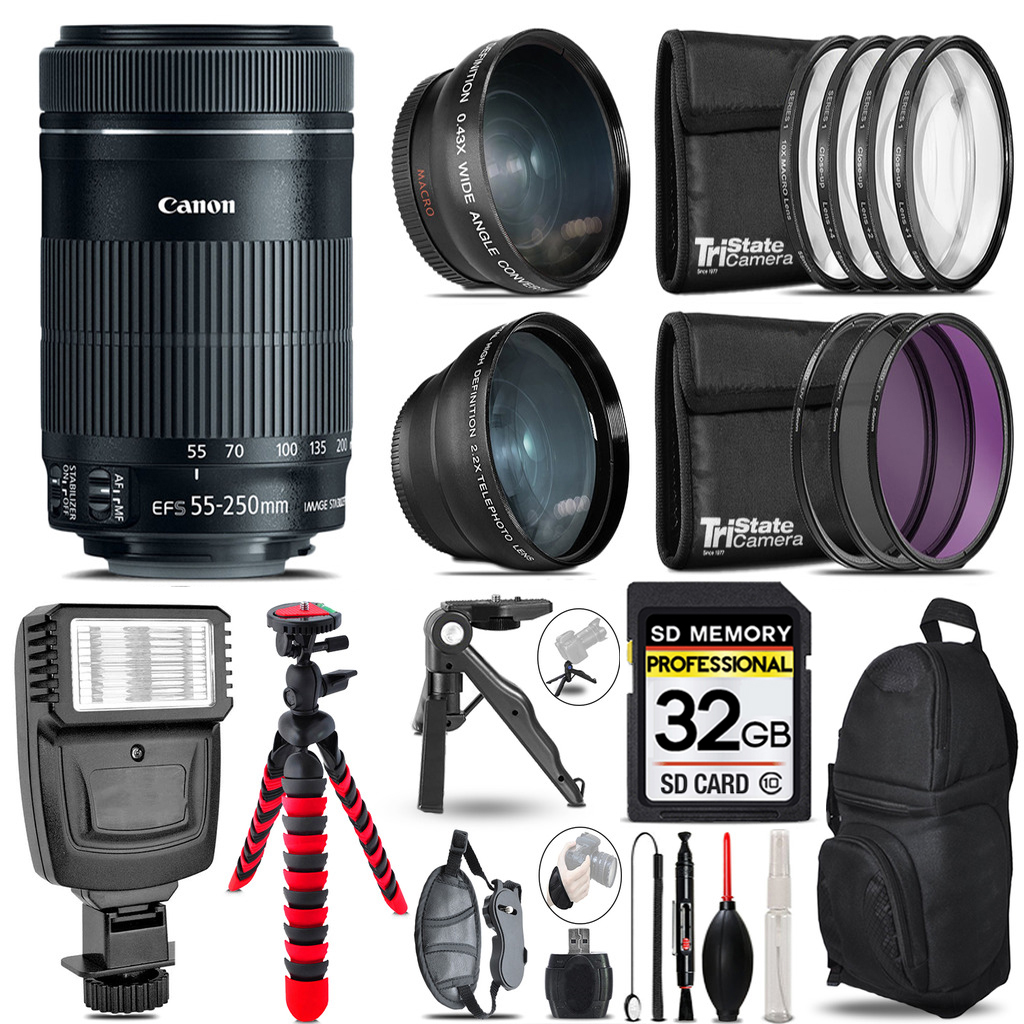 Canon 55-250mm IS STM -3 Lens Kit + Slave Flash + Tripod - 32GB