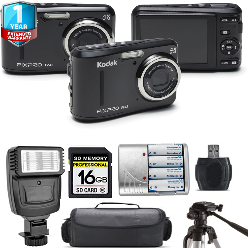 Kodak PIXPRO FZ43 Digital Camera (Black) + Extra Battery + Flash+