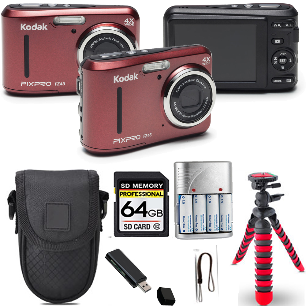 Kodak PIXPRO FZ43 Digital Camera (Red)+ Spider Tripod + Case