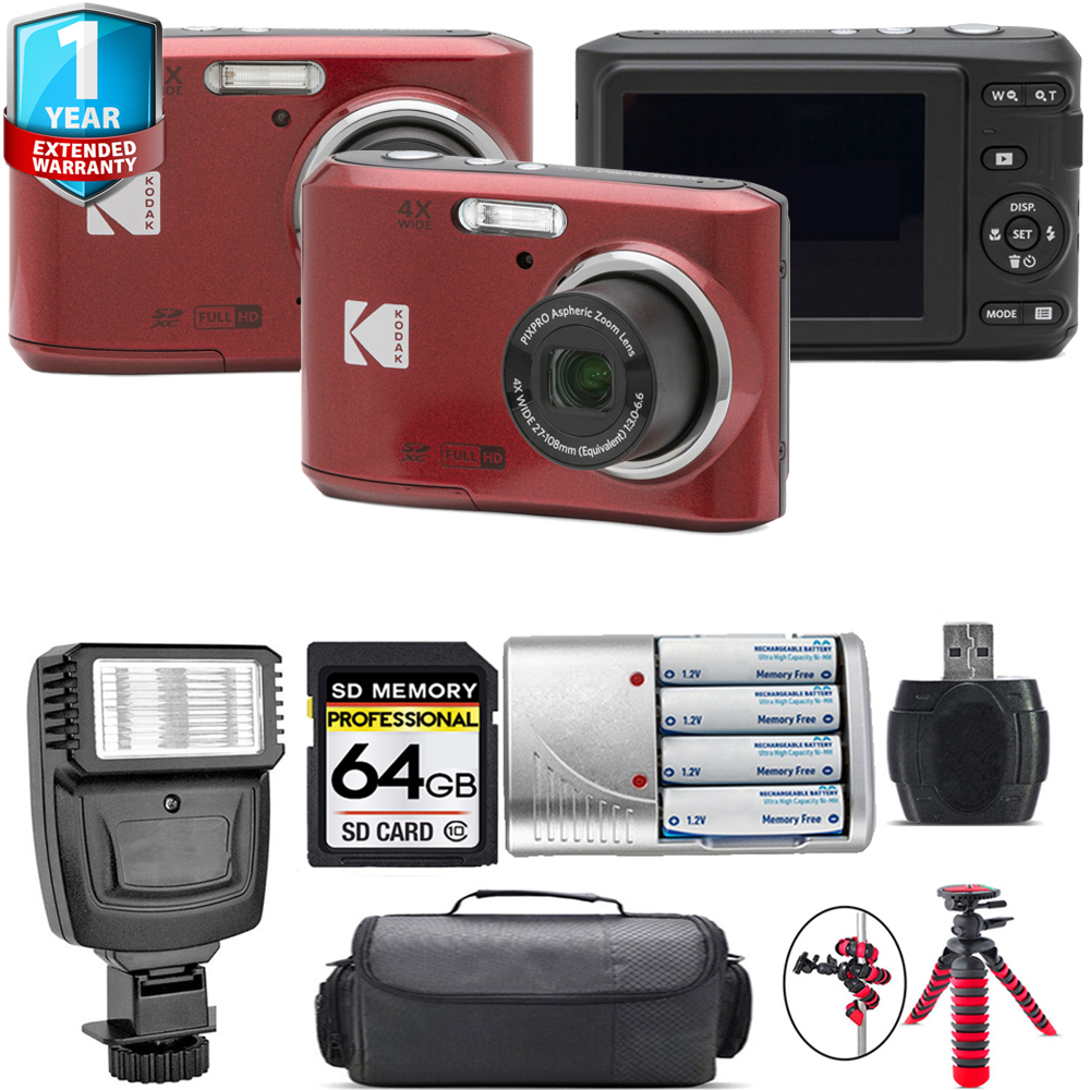 Kodak Pixpro FZ45 Camera (Red) + 1 Yr Warranty + Flash - 64GB Kit