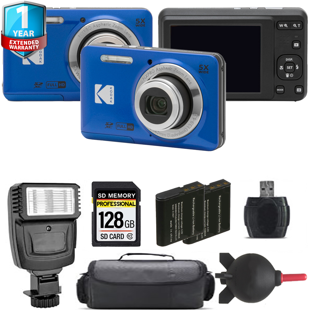 Kodak PIXPRO FZ55 Digital Camera (Blue) + Extra Battery + Flash+ 1