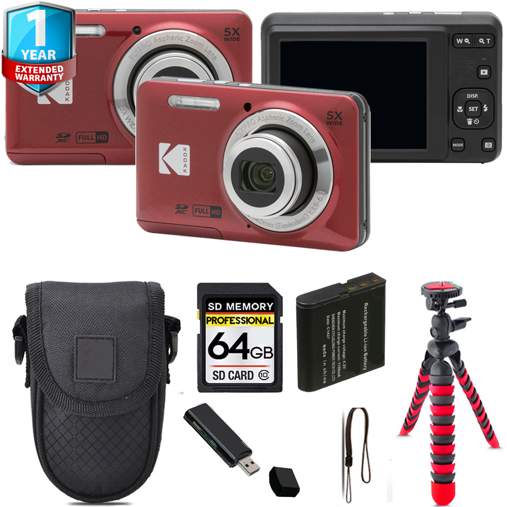 Kodak PIXPRO FZ55 Digital Camera (Red) + Tripod + 1 Yr Warranty