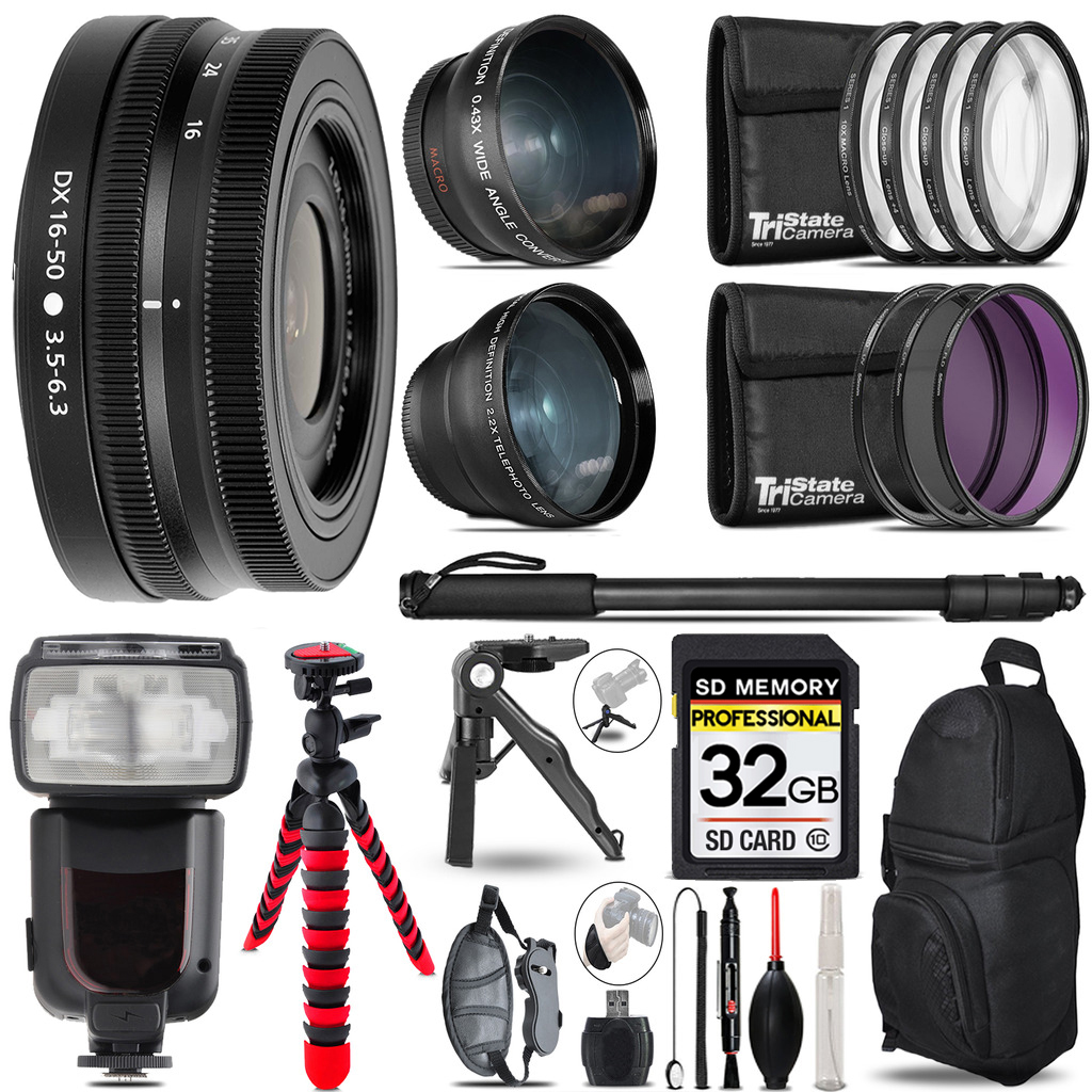 Nikon Z DX 16-50mm VR Lens - 3 Lens Kit + Professional Flash
