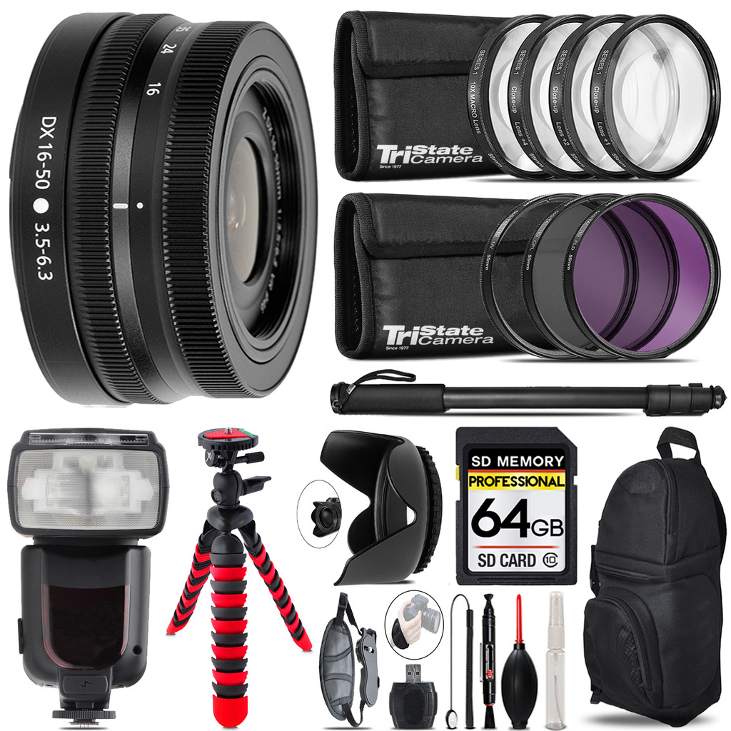 Nikon Z DX 16-50mm VR Lens + Professional Flash+ 64GB Accessory