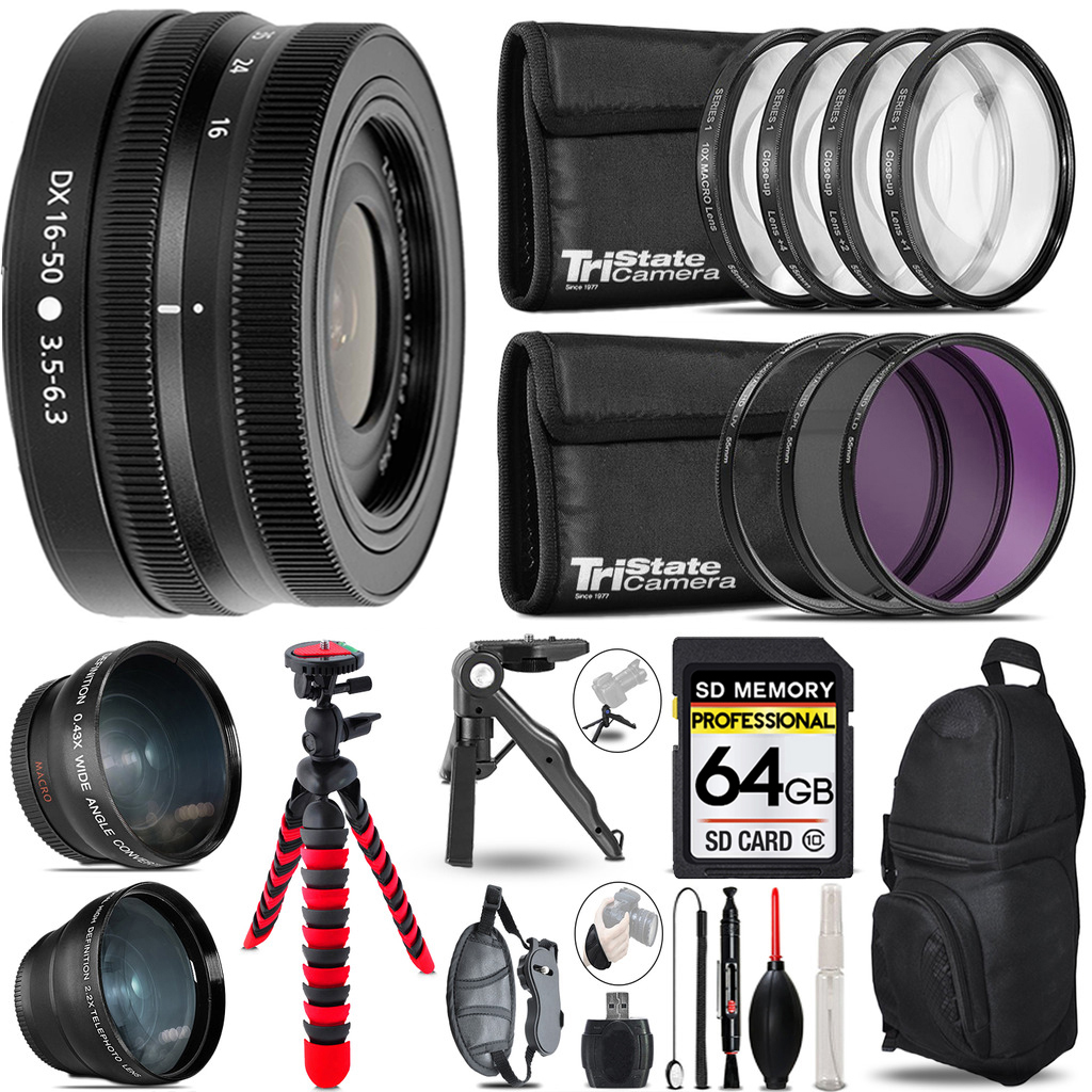 Nikon Z DX 16-50mm VR Lens - 3 Lens Kit + Tripod + Backpack - 64GB