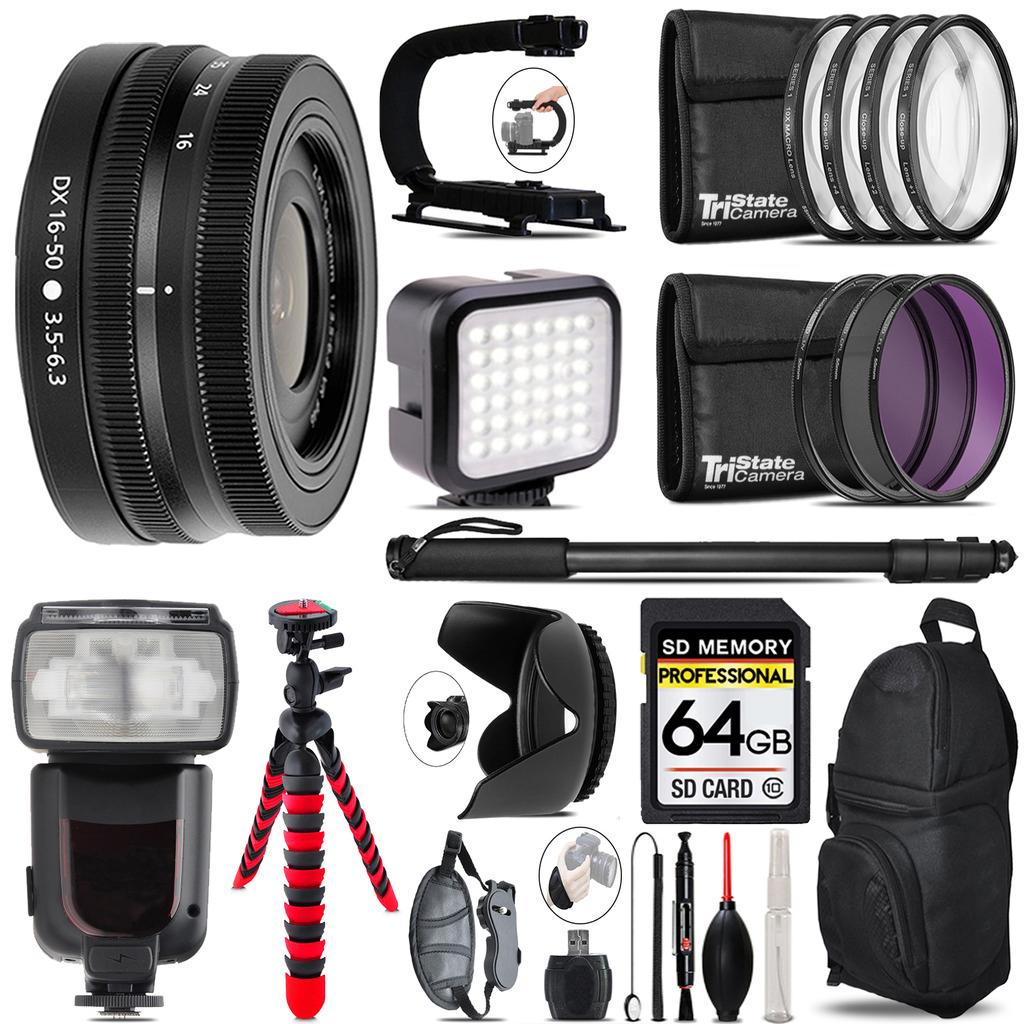 Ｆ.Ｆ 　　Nikon Z 50 DX 16-50 Kit Nikon Z DX 16-50mm VR Lens - Video Kit + Pro Flash -64GB Accessory