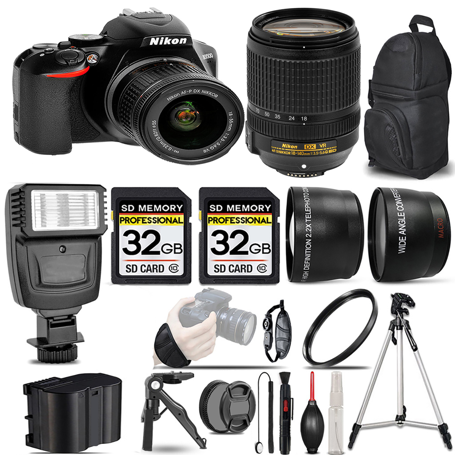Nikon D3500 DSLR Camera with 18-55mm Lens +18-140mm Lens +Flash +