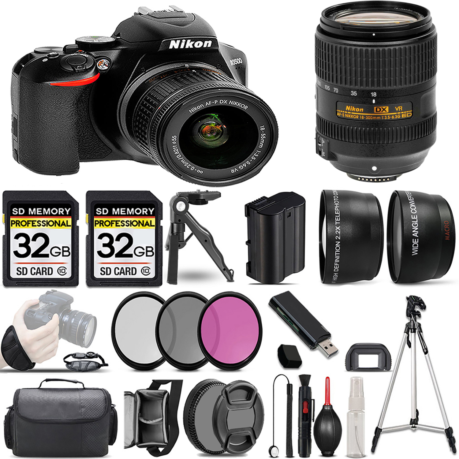 Nikon D3500 DSLR Camera with 18-55mm Lens +18-300mm Lens +3 PC
