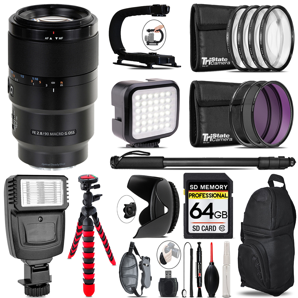 Sony FE 90mm f/2.8 Macro G OSS Lens - Video Kit + Flash - 64GB Kit