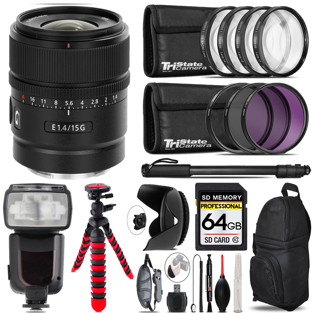 Sony E 15mm f/1.4 G Lens + 7 Piece Filter & More - 64GB