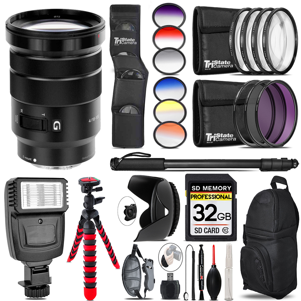 Sony E PZ 18-105mm f/4 G OSS Lens + Flash + Color Filter Set -32GB 