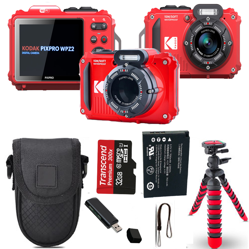 Kodak PIXPRO WPZ2 Digital Camera (Red) + Spider Tripod + Case