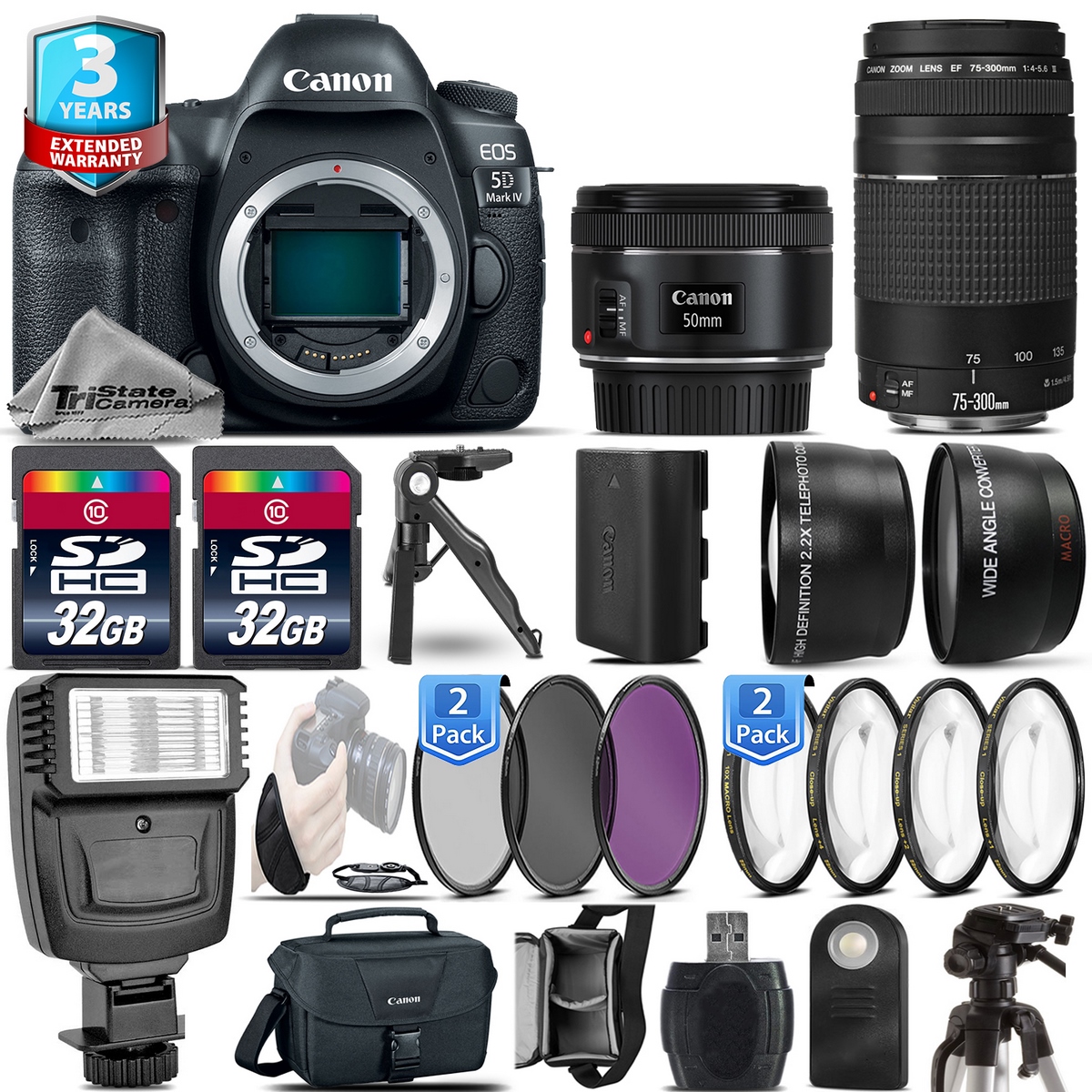 Canon EOS 5D Mark IV Camera + 50mm 1.8 STM + 75-300 III + 3yr Warranty
