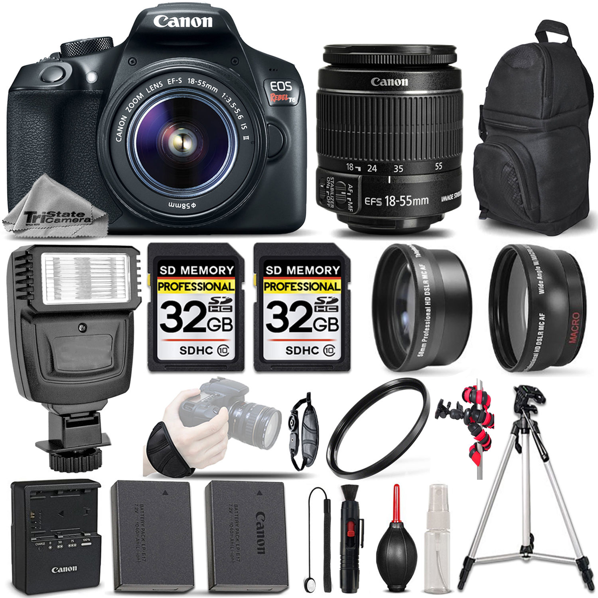 Canon EOS REBEL T6 DSLR Camera + 1855mm IS 3 LENS KIT + FLASH 64GB